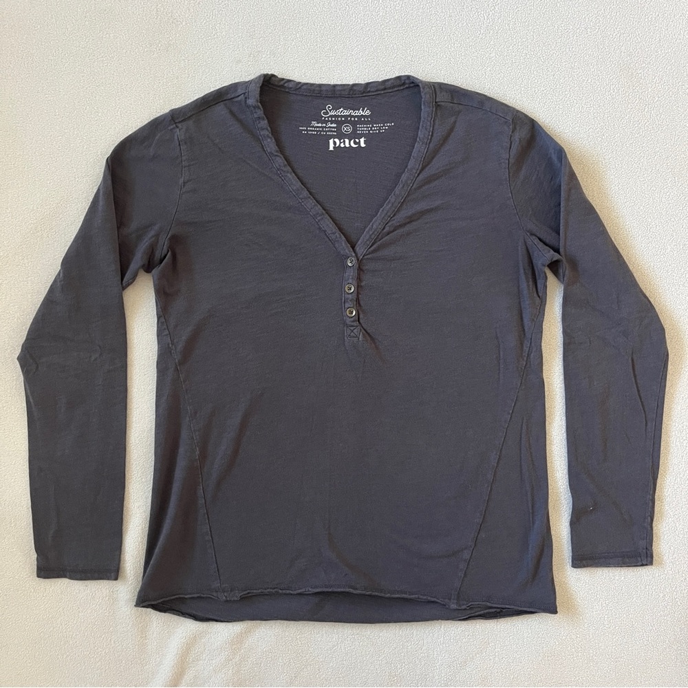 PACT I Gray Organic Cotton Slub V-Neck Henley Classic Long Sleeve Shirt Top XS
